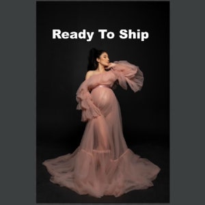 READY TO SHIP Off-the-Shoulder Sheer Tulle Maternity Dress, Sheer Ruffle Tiered Maternity Gown, Sheer Maternity Gown for Photoshoots