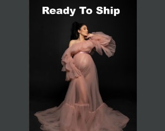 READY TO SHIP Off-the-Shoulder Sheer Tulle Maternity Dress, Sheer Ruffle Tiered Maternity Gown, Sheer Maternity Gown for Photoshoots