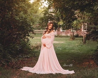 Pink Off-the-Shoulder Maternity Gown, Off-the-Shoulder Long-Sleeve Flowing Maternity Dress, Chiffon & Jersey Floor-Length Maternity Gown