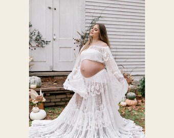 lace bell sleeve maternity dress Maternity Ivory Wrap Full Lace Bell Sleeves Wedding Dress #1167