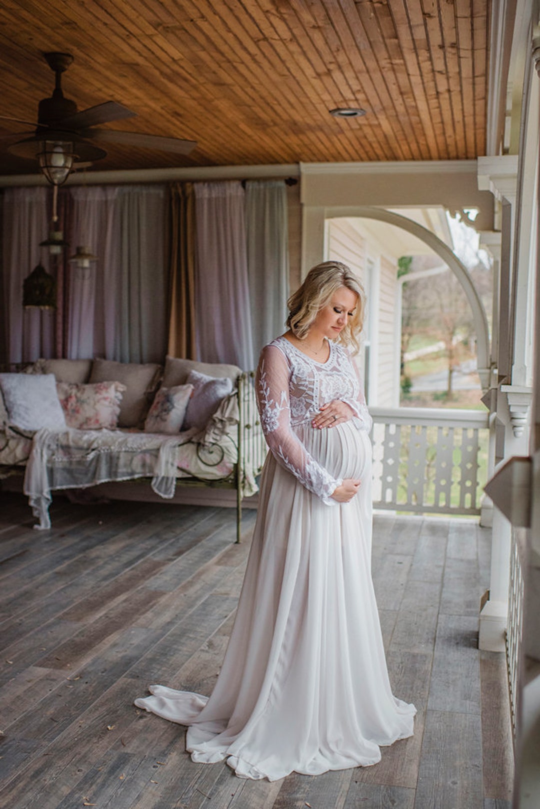 Vestido de maternidad de gasa con bordado de encaje: manga