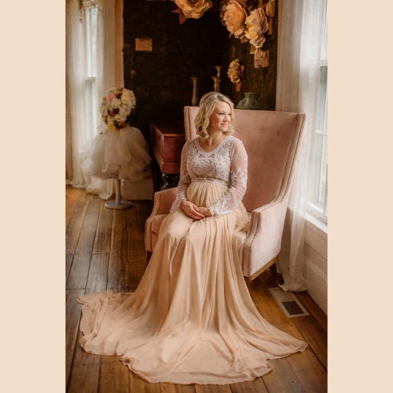 Lace Embroidered Chiffon Maternity Dress: Long Sleeve Scoop Neck