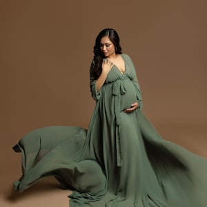 Chiffon Maternity Gown with Deep V Neckline, Perfect Summer Maternity Dress, Chiffon Long-Sleeve Gown for Summer Photoshoot or Baby Shower.