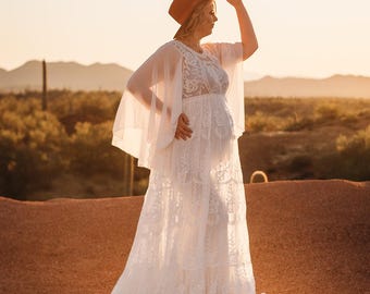 Abito premaman in pizzo stile boho: gonna a balze, maniche fluide