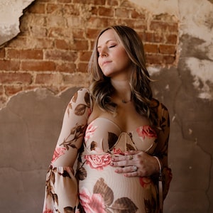 Taupe Floral Maternity Dress, Corset Maternity Dress, Long Sleeve Maternity Dress Maternity Dress  for Maternity Photography Outfit