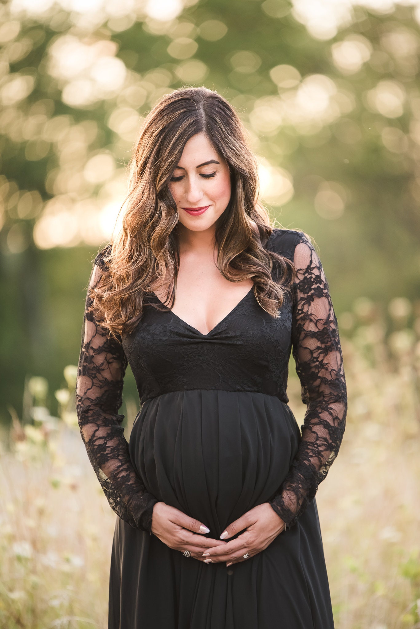 Lace Sleeve Chiffon Maternity Gown: V-Neck Baby Shower Dress