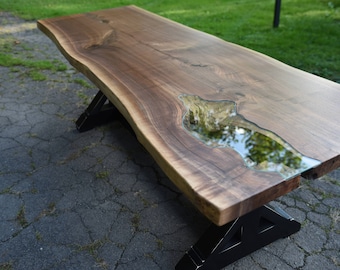 Live Edge Dining Table, Live Edge walnut with glass inlay, Custom live edge furniture, river table