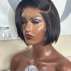 Short bob lace closure wig, side part, natural 1b colour.