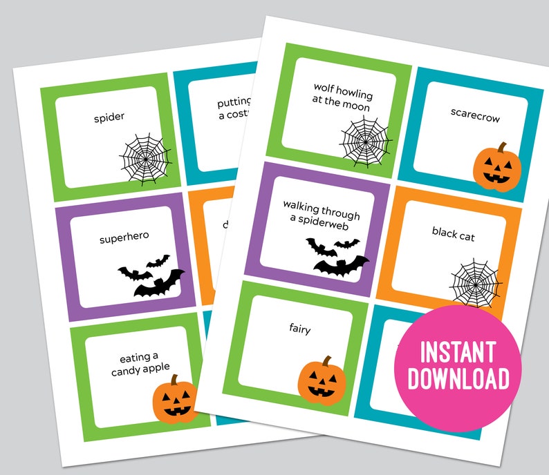 May include: Two sheets of printable Halloween activity cards featuring colorful borders in green, purple, orange, and blue. Each square contains text such as spider, superhero, wolf howling at the moon, and scarecrow, alongside illustrations of pumpkins, bats, and spiderwebs.