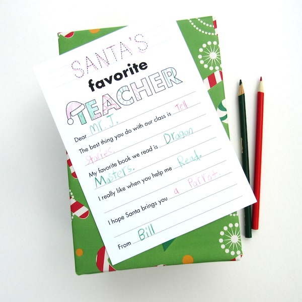 Christmas Teacher Card, Teacher Thank You Card, Printable Note, Fill in the Blank Thank You Card, Teacher Holiday Gift, Santa card, Download