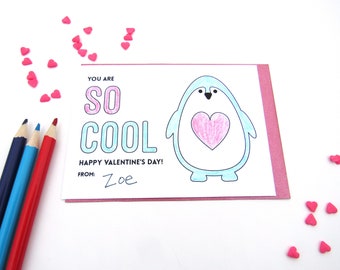 PRINTABLE, Valentine Coloring Cards, For Kids, Card DIY, For Classroom, Penguin Valentine, Instant Download, Non Candy, For Friends, Gift