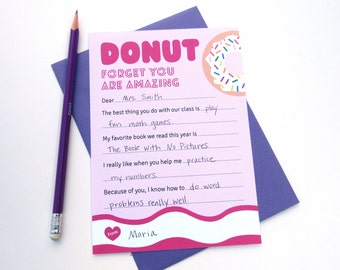 PRINTABLE Teacher Appreciation, Fill in the Blank, Thank You Card, Donut Card, Donut Teacher Appreciation, End of Year Teacher Gift, Kids