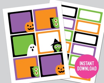 May include: Printable Halloween themed labels with blank spaces for writing. The labels feature a variety of Halloween characters including a ghost, witch, pumpkin, and monster. The labels are in a grid pattern with alternating colors of purple, orange, and green.