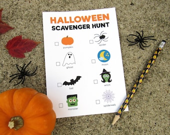 May include: A printable Halloween scavenger hunt checklist with illustrations of a pumpkin, spider, ghost, moon, bat, witch, monster, and spiderweb. The checklist has checkboxes next to each item.