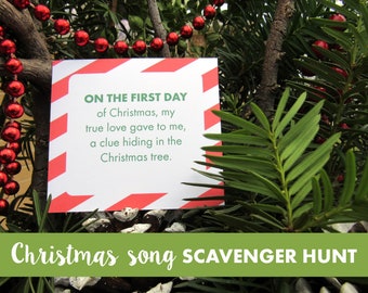Christmas Scavenger Hunt, Christmas Song Game, Holiday Scavenger Hunt Clues, Christmas Game, Printable, For Kids, Treasure Hunt Clue Cards