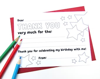 Tarjeta de agradecimiento de cumpleaños IMPRIMIBLE, Para niños, Plantilla, Completar espacios en blanco, Agradecimiento por fiesta de cumpleaños Descarga instantánea, Tarjetas para colorear, Notas