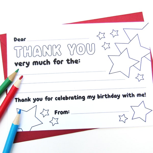 Birthday Thank You Card PRINTABLE, For Kids, Template, Fill in the Blank, Birthday Party Thank You Instant Download, Coloring Cards, Notes