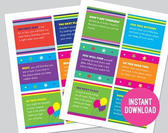 Tarjetas de pistas de búsqueda del tesoro de cumpleaños, imprimibles, para niños, pistas de búsqueda del tesoro, juego de fiesta, búsqueda de regalos, descarga instantánea, acertijos de cumpleaños