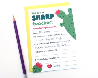 PRINTABLE Teacher Appreciation, Fill in the Blank, Thank You Card, Cactus Teacher, Instant Download Template, End of Year Teacher Gift, Kids