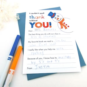 Regalo de invierno para maestros, tarjeta de agradecimiento para maestros, nota imprimible, completar la tarjeta de agradecimiento en blanco, regalo para maestros, tarjeta de muñeco de nieve, descarga instantánea