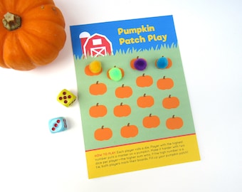 May include: A printable game board with the title "Pumpkin Patch Play". The board features a green field with orange pumpkins and a red barn. The game includes instructions for players to roll dice and place markers on the pumpkins.