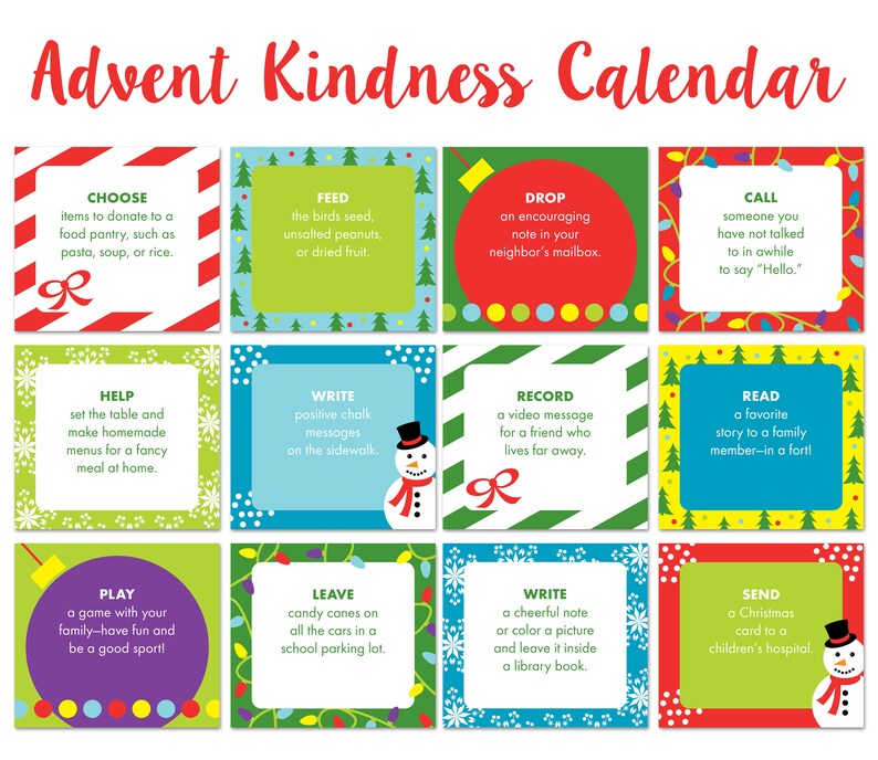 Advent Kindness Calendar, Random Acts of Kindness, Christmas Countdown ...