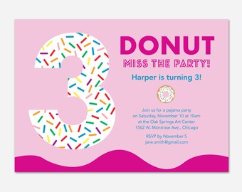 Invitación de fiesta de cumpleaños de la rosquilla, invitación de cumpleaños de la rosquilla, invitación imprimible del anillo de dolo, para los niños, invitación personalizada, diseño audaz, rueda dentada voladora