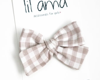 Beige Gingham Bow Headband: Plaid Cotton Hair Accessories