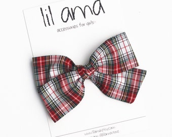 Plaid Christmas Hair Bow, Red & Green Tartan Baby Girl Headband or Clip