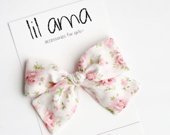 Pink Rose Floral Bow: Baby Girl Cotton Headband or Clip