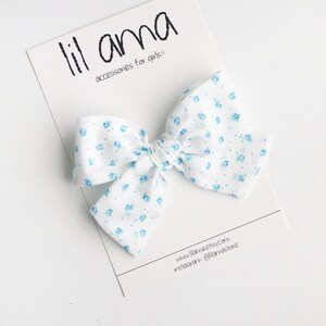 Floral Baby Girl Hair Bow: Blue Spring Cotton Bow, Headband or Clip