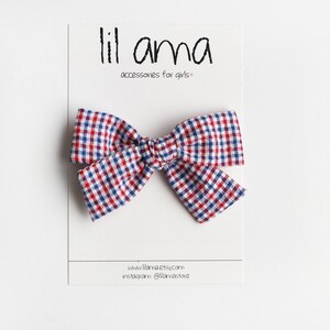 Seersucker Patriotic Hair Bow: Red White Blue Plaid