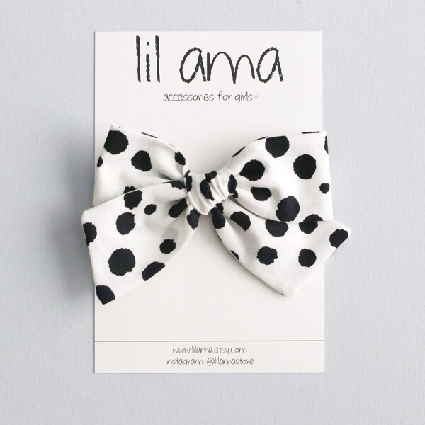 Dalmatian Dots Hair Bow, White and Black Dots Bow, Baby Headband, Toddler Bows, Baby Girl Bows Clip