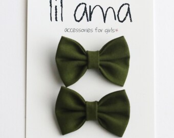 Olive Green Pigtail Bows: Baby Girl Toddler Hair Clips