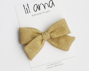 Gold Sparkle Bow Headband or Clip, Baby Girl Holiday Accessory