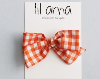 Orange Gingham Hair Bow, Fall Baby Girl Hair Accessories, Autumn Gift