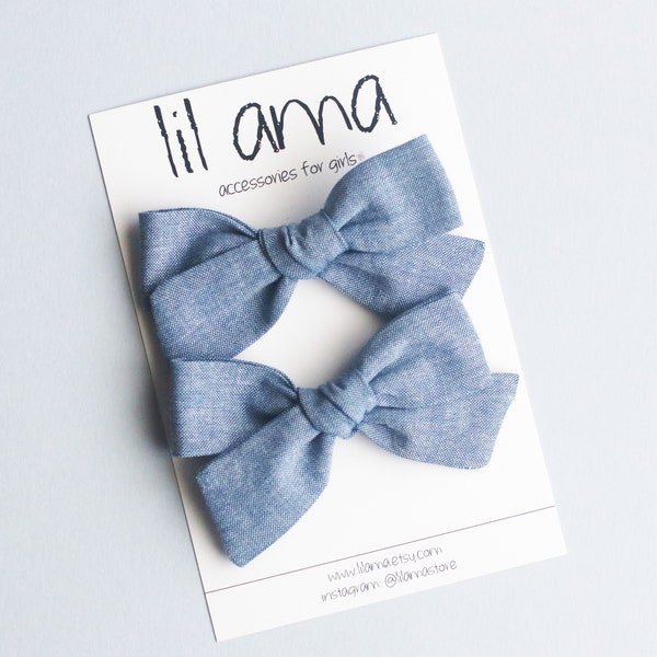 Chambray Denim Pigtail Bows, Toddler Hair Clip Set, Baby Girl Accessories