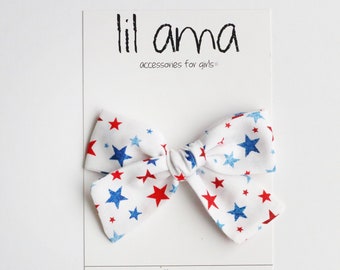 Patriotic Bow, Red White Blue Star 4th of July Headband and Hair Clip