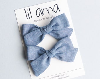 Chambray Denim Pigtail Bows, Toddler Hair Clip Set, Baby Girl Accessories