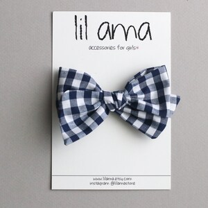 Navy Blue Gingham Bow: Baby Hair Bow Headband or Clip
