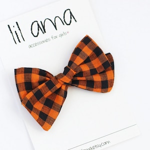 Orange & Black Halloween Hair Bow: Plaid Gingham Baby Girl Headband or Clip image 5