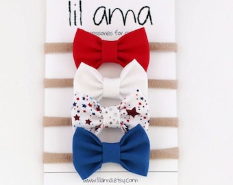 4th of July Baby Bows, Patriotic Hair Bows, Red White and Blue Bows, Stars Hair Bow, Nylon Baby Headbands,
