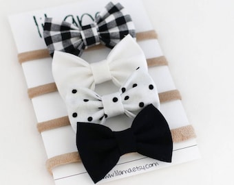 Baby Girl Bow Headband Set: Plaid, Polka Dot, Cotton Hair Accessories