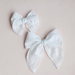 White Embroidered Lace Fabric Bow, Baby Girl Headband and Hair Clip, Christening Gift