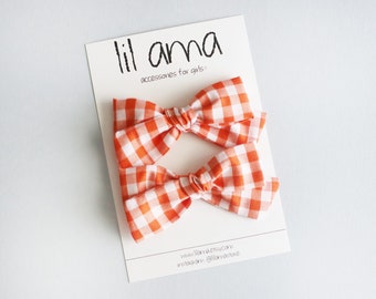 Orange Gingham Pigtail Bows: Toddler Hair Clips - Set of 2