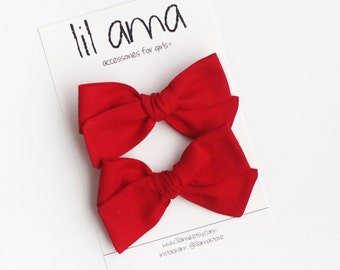 Red Pigtail Bow Set, Cotton Pigtail Bow Clips, Pigtail Bows, Toddler Hair Clips, Hair Bow Sets,