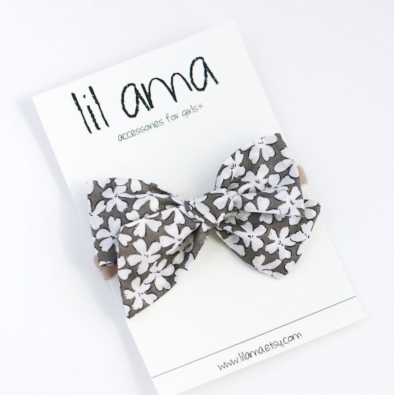 Floral Bow Headband: White Flowers on Gray, Baby Girl Hair Bow