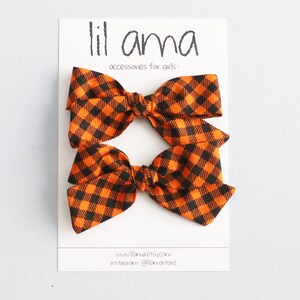 Orange Gingham Pigtail Bows, Halloween Hair Clips