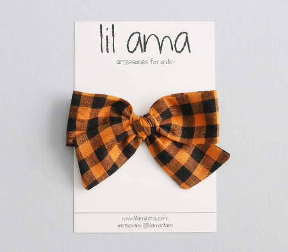 Orange & Black Halloween Hair Bow: Plaid Gingham Baby Girl  Headband or Clip