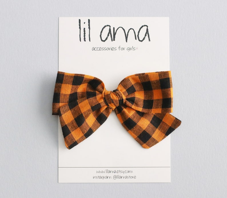 Orange & Black Halloween Hair Bow: Plaid Gingham Baby Girl Headband or Clip image 1